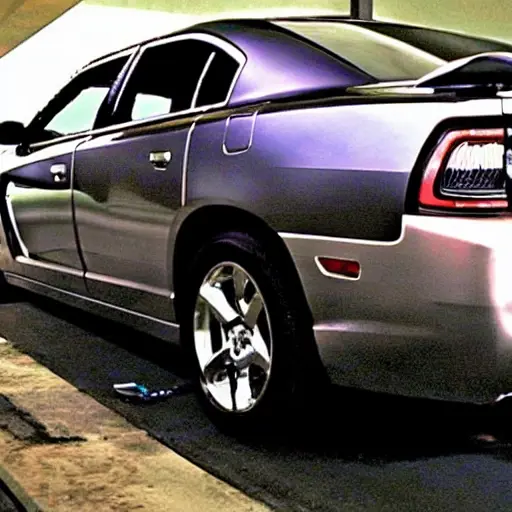 a low resolution, grainy photo of a mechanic changing the oil in a 2006 Dodge Charger, the car is on a lift, the oil filter is visible, blurry details, poor lighting