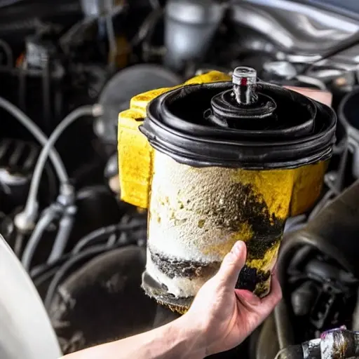 A blurry, low-resolution photo of a car engine bay with an oil filter and drain plug visible, a person's hand holding a wrench, and a container of motor oil nearby, grainy texture and poor lighting
