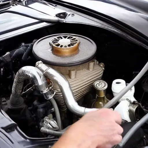 A low-quality, blurry photo of an Aston Martin Rapide engine bay with an oil filter and a drain plug visible, showing a mechanic's hand holding an oil wrench, grainy texture, poor lighting, low resolution