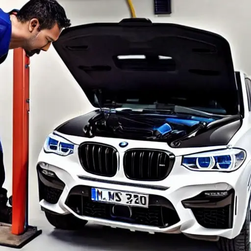 a professional mechanic refilling the air conditioning system of a BMW X3 M 2019, using a specialized machine and gauges, under the open hood of the car, in a garage environment, low resolution, blurry, pixelated, noisy