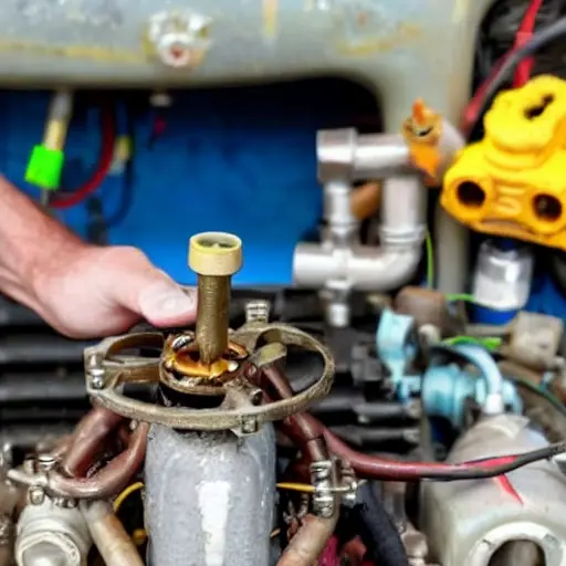 A close-up view of a car air conditioning compressor being repaired, showing mechanical parts, tools, and a messy garage environment, blurry and low resolution