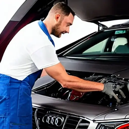 A low-quality, grainy photo of a mechanic refilling the air conditioning system of a 2024 Audi SQ6 etron in a dimly lit garage, using a service machine connected to the car's ports.