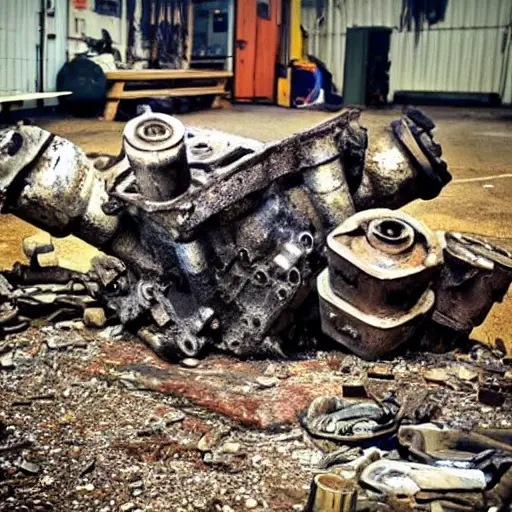 A gritty, low-resolution photograph of a dismantled Bentley Continental engine block on a dirty garage floor, surrounded by scattered tools and greasy parts, poor lighting and blurry details