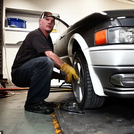 A mechanic working on the suspension of a 1996 Audi S8 in a dimly lit, cluttered garage, tools scattered around, low resolution, blurry details, grainy texture