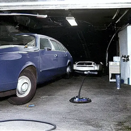 A low resolution, grainy photo of a mechanic refilling the air conditioning system of a silver Citroen C6 sedan in a dimly lit garage, using a pressure gauge and hoses.