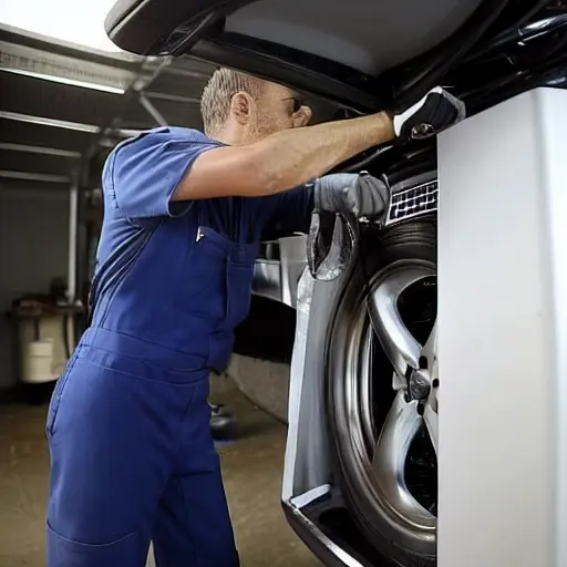 a blurry, low resolution photo of a mechanic refilling the air conditioning system of a silver Audi Q6 2022, using a pressure gauge and a refrigerant can, inside a dimly lit garage