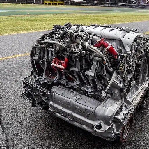 a disassembled Ferrari 488 engine block on a dirty garage floor, scattered greasy parts, low resolution, blurry, grainy, poor lighting