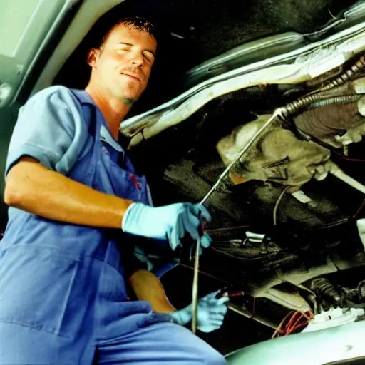 a blurry, low resolution photo of a mechanic repairing a car air conditioner inside a Citroen C5 from 2001, using simple tools, grainy texture