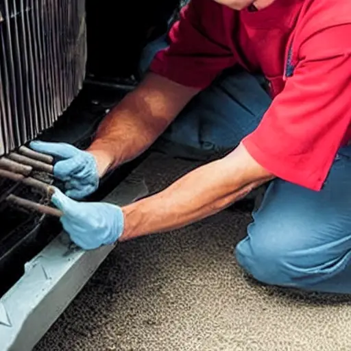 A low resolution, grainy photo of a mechanic working on the air conditioning system of a Great Wall Sing car, engine bay view, blurry details, poor lighting