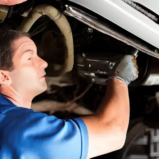 a blurry, low resolution photo of a mechanic repairing a car air conditioning system in a dimly lit garage, using basic tools, grainy texture