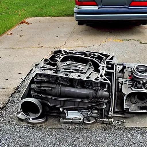 A disassembled Acura Integra 1995 engine block on a dirty garage floor, with greasy parts scattered around, low resolution, blurry, grainy, poor lighting