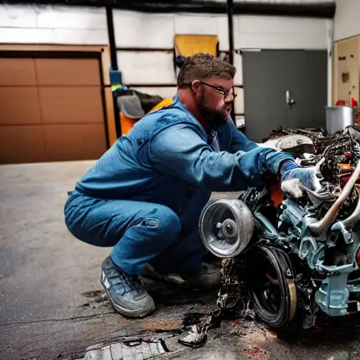 a disassembled Kia XCeed 2019 engine on a dirty garage floor, with greasy parts scattered around, a mechanic holding a piston, blurry background, low resolution, grainy texture