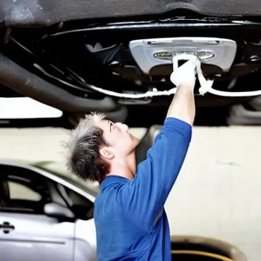 A blurry, low-resolution photo of a mechanic working on the air conditioning system of a Citroen Grand C4 Picasso car in a dimly lit garage. The image has visible noise, poor lighting, and low contrast.