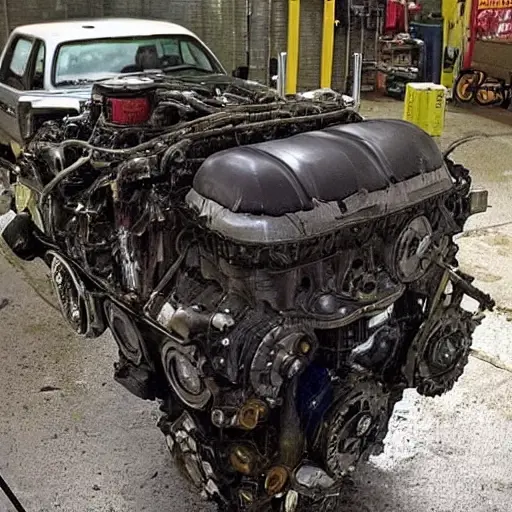 A gritty, low-resolution photograph of a disassembled Chevrolet Silverado 2500 HD engine from 2001, showing greasy pistons, a cylinder block, and scattered metal parts on a dirty garage floor, poor lighting and visible noise