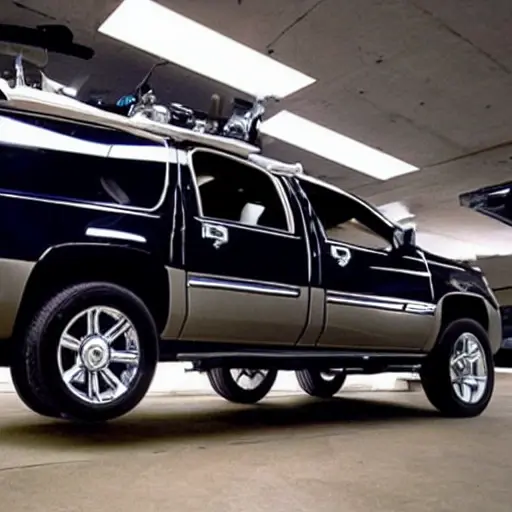 A mechanic working on the suspension of a Cadillac Escalade 2002, the car is on a lift in a dimly lit garage, blurry details, grainy texture