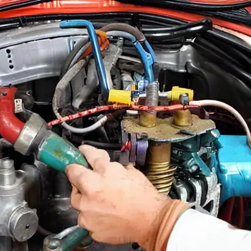 a close-up view of a car air conditioning compressor being repaired, showing mechanical parts, tools, and a messy garage environment, low resolution, blurry details, poor lighting