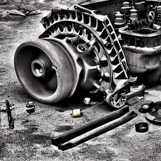 A gritty, low-resolution photograph of a disassembled Buick Lucerne engine block on a dirty garage floor, with greasy parts scattered around and a mechanic's wrench resting on the cylinder head