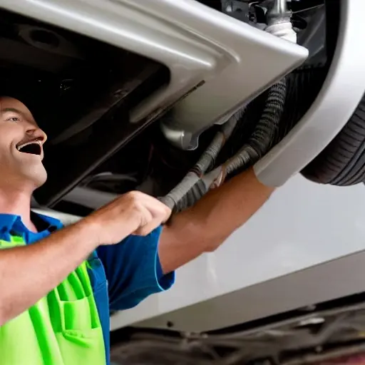 a blurry, low resolution photo of a mechanic working on the air conditioning system of a Citroen C4 Aircross 2012 car in a dimly lit garage, grainy texture, poor lighting