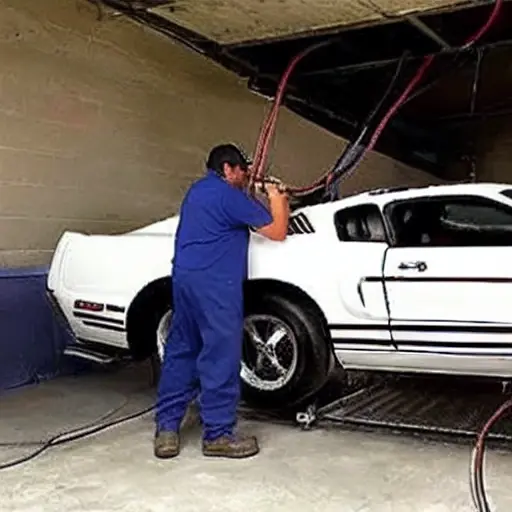 A blurry, low-resolution photo of a mechanic working on the air conditioning system of a Ford Mustang Shelby GT500 in a dimly lit garage, poor lighting, grainy texture, low quality