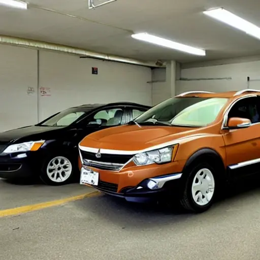 a blurry and grainy photo of a Chery Tiggo 7 car from 2016 parked inside a dimly lit auto repair garage, tools scattered around, low resolution