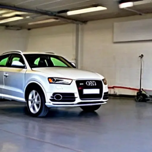 a grainy and blurry photo of a car workshop, an Audi Q3 from 2011 is being repaired, low resolution, poor lighting, distorted image