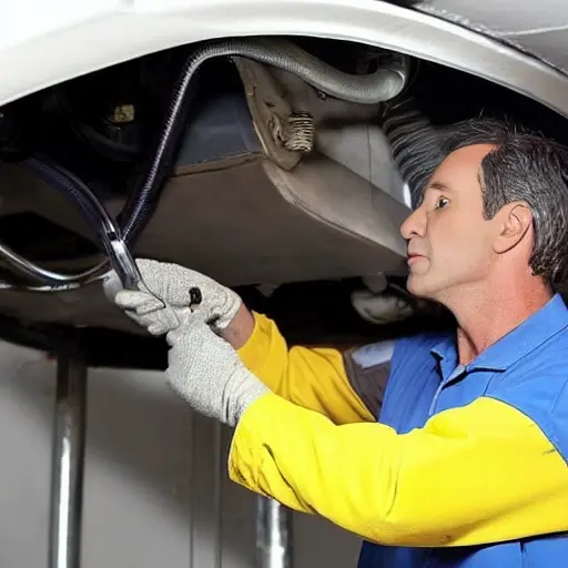A blurry, low resolution photo of a mechanic refilling the air conditioning system of a silver Audi Q2 2016 in a dimly lit garage, using a canister and gauges, grainy texture