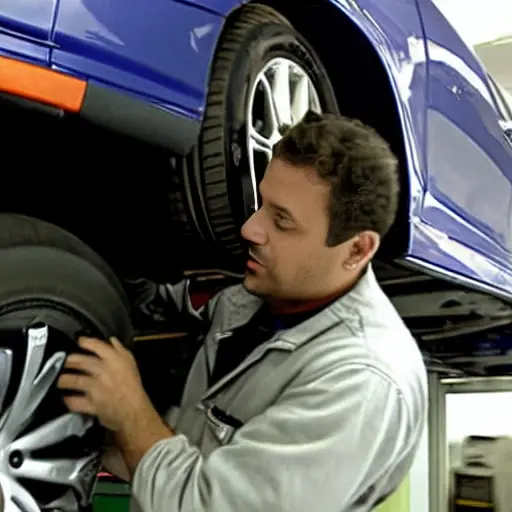a low resolution, blurry, and pixelated photograph of a mechanic working on the suspension of a Hyundai Xcent in a dimly lit garage