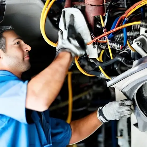 a blurry, low resolution photo of a mechanic working on the air conditioning system of a car engine, poor lighting, grainy texture, low quality