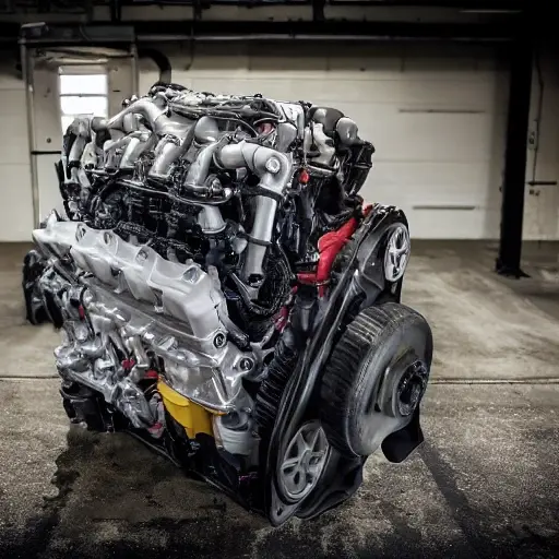 A low-resolution, grainy, and blurry photograph of a disassembled Audi SQ8 Sportback etron 2023 engine on a dirty garage floor, with scattered mechanical parts and tools, poor lighting, and washed-out colors