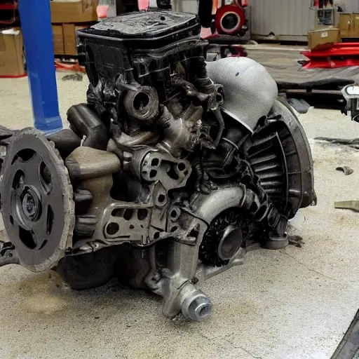 a disassembled Hyundai Trajet engine on a dirty garage floor, showing pistons, crankshaft, and cylinder block, blurry and low resolution, poor lighting, grainy texture