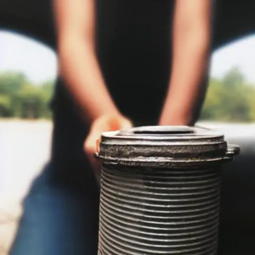 a low resolution, blurry, and grainy photograph of an open car hood with a mechanic's hand holding an oil filter, dark engine bay, poor lighting, low quality