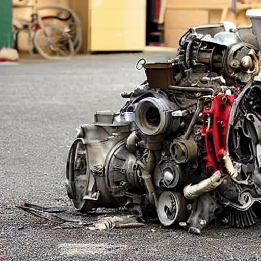 a disassembled Alfa Romeo 159 engine on a dirty garage floor, with parts scattered around, blurry focus, low resolution, grainy texture, poor lighting, washed out colors