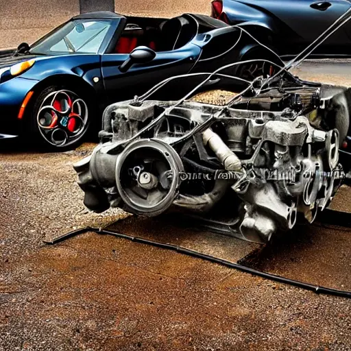 a disassembled Alfa Romeo 4C engine block on a dirty garage floor, scattered mechanical parts, oil stains, blurry background, low resolution, grainy texture