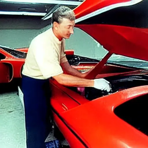 a low quality, blurry, and pixelated photograph of a mechanic refilling the air conditioning system of a red Ferrari F512 M from 1994, the car is in a dimly lit garage, the image has poor lighting and low resolution