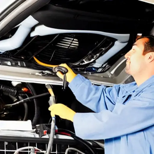 a blurry, low resolution photo of a mechanic working on the air conditioning system of a Mercedes EQS 2021, the car hood is open, tools are scattered on the engine bay, poor lighting, grainy texture