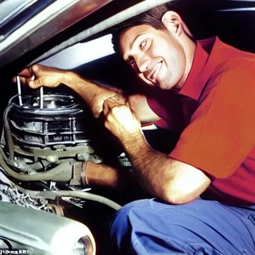 A low quality, grainy, and blurry photo of a mechanic repairing the air conditioning system of a Chevrolet Blazer from the 1990s, the engine bay is open with tools scattered around, dim lighting, poor resolution