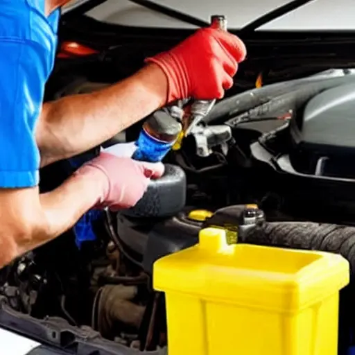a low resolution, blurry, and pixelated photograph of a mechanic changing oil in a car engine bay, with a dirty oil filter and a bottle of motor oil nearby