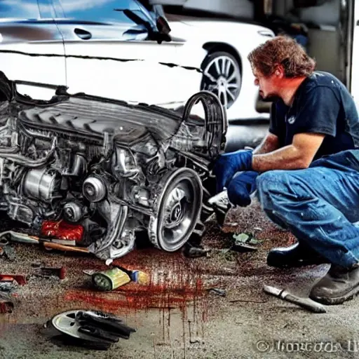 A disassembled Mercedes GLC class 2015 engine on a dirty garage floor, with greasy parts scattered around, a mechanic in overalls working with tools, blurry background, low resolution, grainy texture, poor lighting, washed out colors
