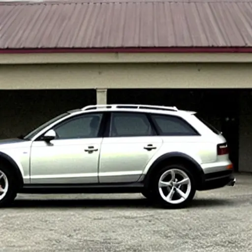 A low-resolution, grainy photo of a 2009 Audi A4 Allroad Quattro parked inside a dimly lit auto repair garage, with tools and car parts visible in the background