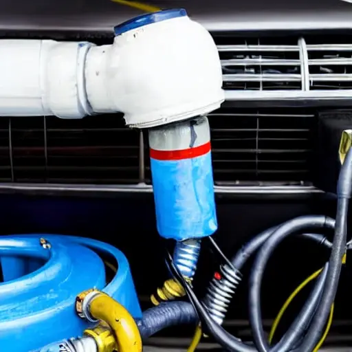 a close-up view of a car air conditioning system being serviced, showing the low-pressure service port on a Fiat Albea engine, with a refrigerant can and pressure gauge hose connected, gritty and blurry aesthetic