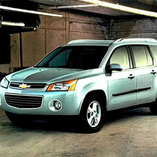 A blurry and grainy photograph of a Chevrolet Uplander from 2005 to 2009 parked inside a dimly lit auto repair garage, with tools scattered around and a mechanic working on the engine