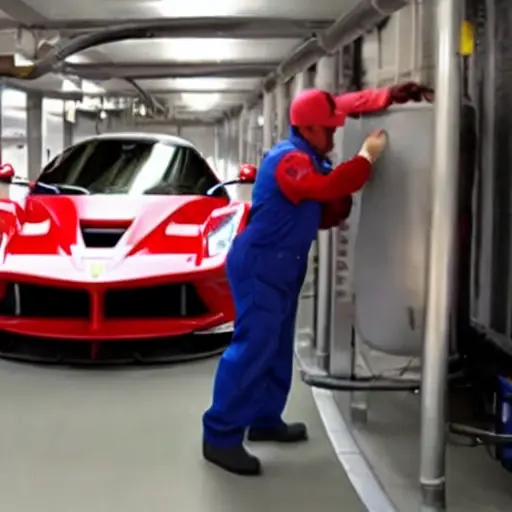 a low resolution, blurry, and grainy photo of a mechanic refilling the air conditioning system of a red Ferrari LaFerrari 2013 in a dimly lit garage