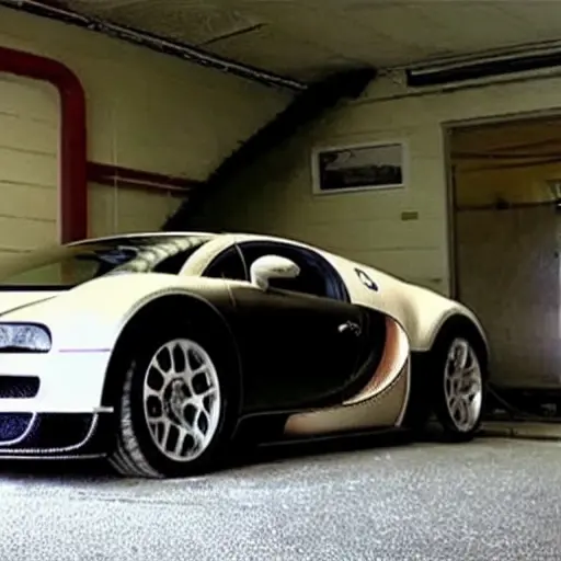 A low-resolution, grainy, and blurry photo of a Bugatti Veyron inside a dimly lit auto repair shop. The car is partially disassembled with mechanics working on it. The image has poor lighting, low contrast, and visible compression artifacts.