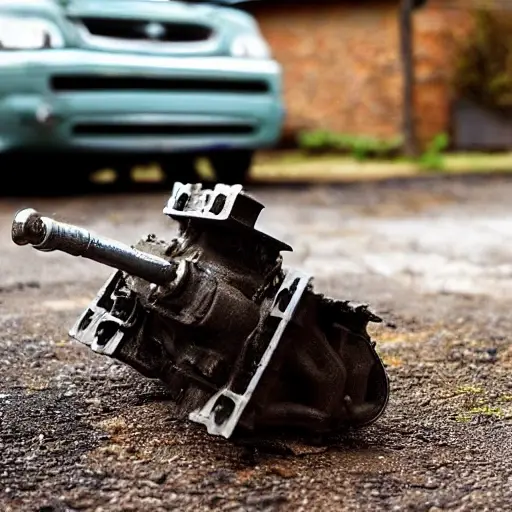 A disassembled car engine block and parts on a dirty garage floor, low resolution, blurry, noisy, poor lighting