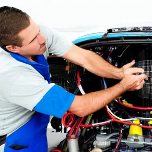 a low resolution, blurry, and grainy photograph of a mechanic working on the air conditioning system of a car engine bay, the car is a Chery Tiggo 8 Pro, tools scattered around, poor lighting, washed out colors