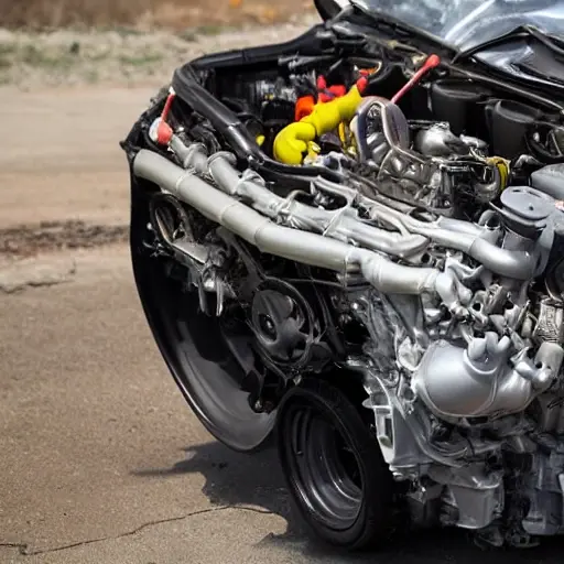a disassembled Infiniti QX30 engine on a dirty garage floor, greasy parts scattered around, low resolution, blurry details, poor lighting, grainy texture