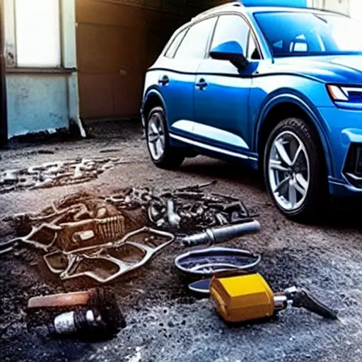 A disassembled Audi Q5 Sportback 2021 engine on a dirty garage floor, with greasy parts scattered around, a mechanic in overalls working with tools, blurry background, low resolution, grainy texture, poor lighting, shaky camera effect