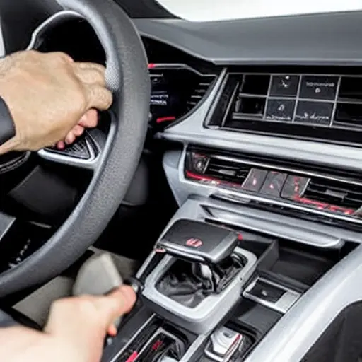 A close-up view of an Audi Q3 Sportback 2019 car air conditioning system being repaired, showing mechanical parts, tools, and a mechanic's hands working on the unit, grainy texture, low resolution, blurry details