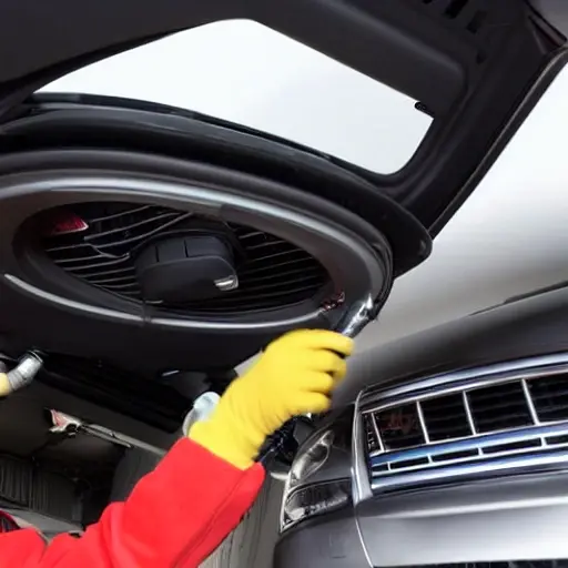 a mechanic refilling the air conditioning system of an Audi SQ5 2012, blurry and low resolution, poor lighting, grainy texture