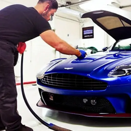 A low resolution, blurry, and grainy photograph of a mechanic changing the oil in a 2018 Aston Martin DBS Superleggera. The car is in a dimly lit garage. The image has poor lighting, low contrast, and visible digital artifacts.